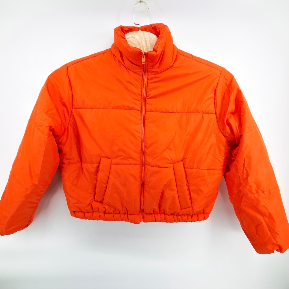 New Look Puffer Jacket Women XL Orange Cropped Quilted Full Zip Stand Collar